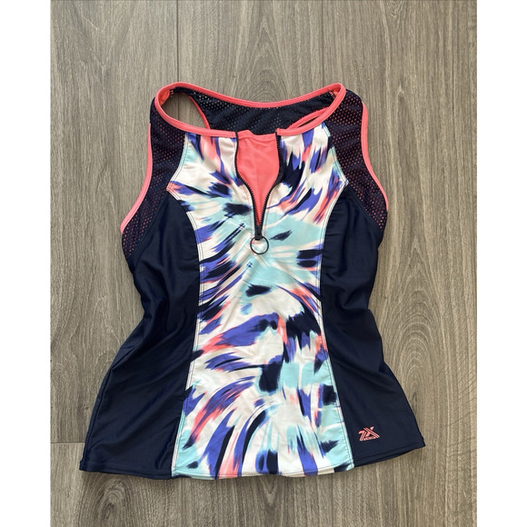 ZeroXposur Tankini Top Womens S Multicolor Tie Dye‎ Zip Front Racerback Run Swim - Picture 1 of 6
